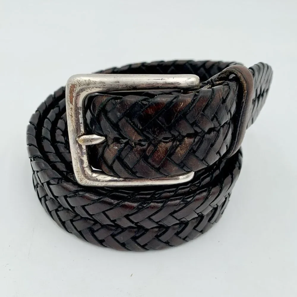 Eddie Bauer Dark Brown Braided Leather Belt Silver Buckle 44”